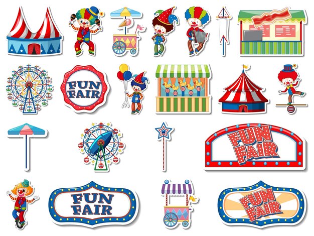 Conjunto de pegatinas de parque de atracciones y objetos de feria.