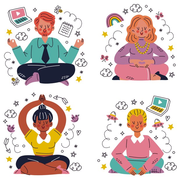 Conjunto de pegatinas de pegatinas de meditación de doodle dibujadas a mano