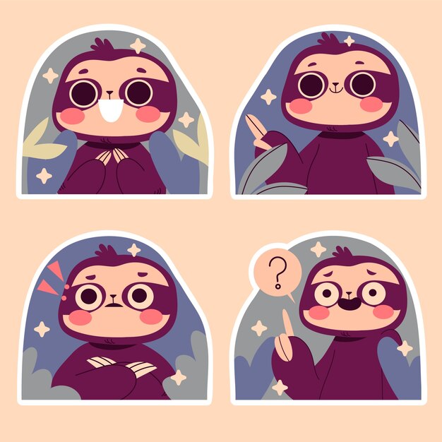 Conjunto de pegatinas de perezoso ingenuo de dibujos animados dibujados a mano