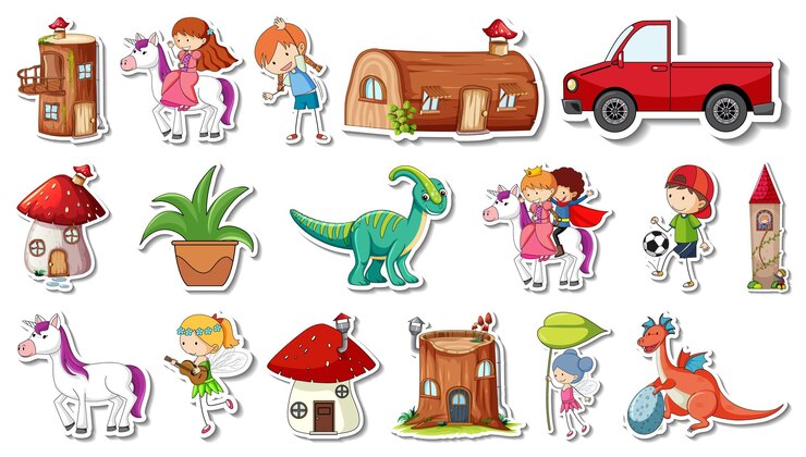 Vector gratuito conjunto de pegatinas de personajes de dibujos animados de cuento de hadas de fantasía