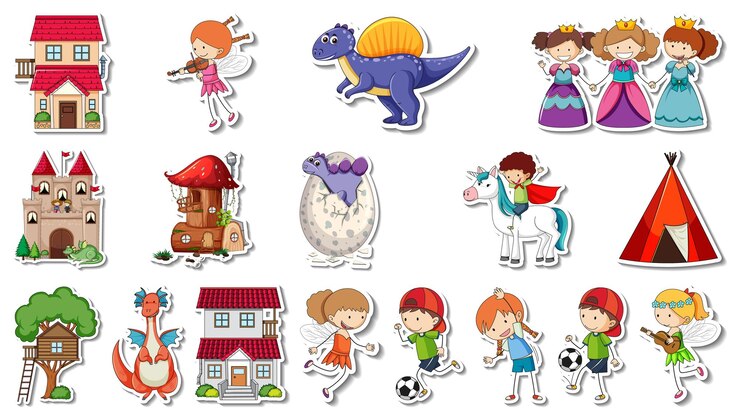 Vector gratuito conjunto de pegatinas de personajes de dibujos animados de cuento de hadas de fantasía