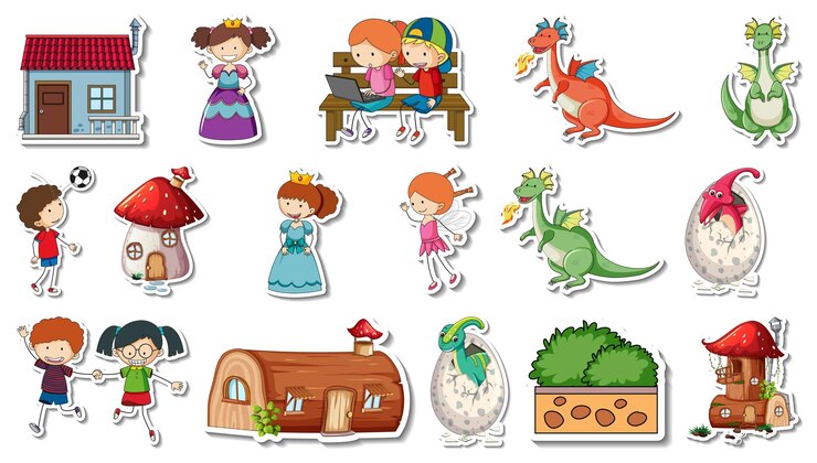 Vector gratuito conjunto de pegatinas de personajes de dibujos animados de cuento de hadas de fantasía