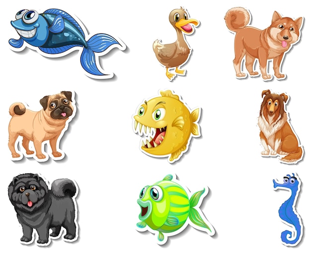 Vector gratuito conjunto de pegatinas con personajes de dibujos animados de perros y animales marinos