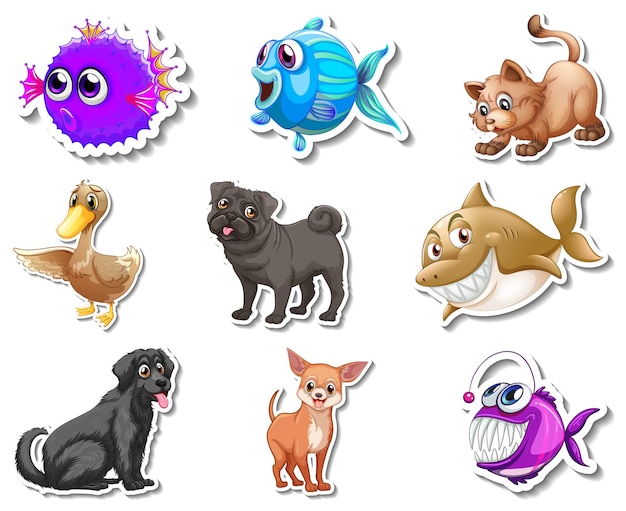 Vector gratuito conjunto de pegatinas con personajes de dibujos animados de perros y animales marinos