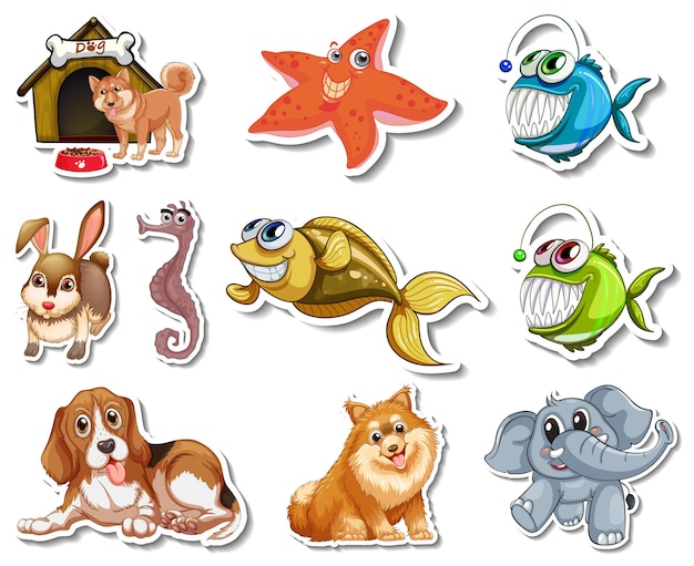 Conjunto de pegatinas con personajes de dibujos animados de perros y animales marinos