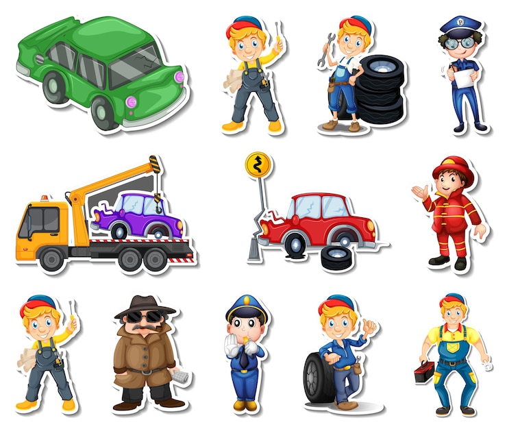 Vector gratuito conjunto de pegatinas de personajes y objetos de profesiones.