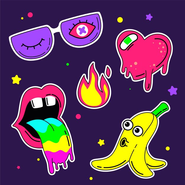 Conjunto de pegatinas rave dibujadas a mano