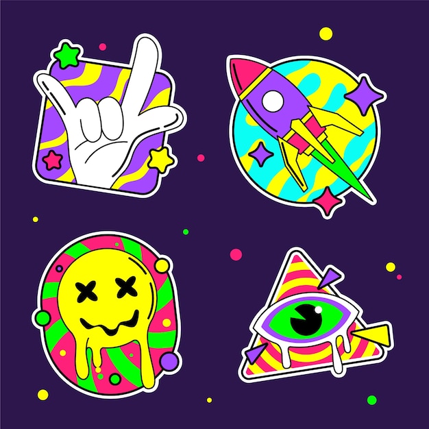 Vector gratuito conjunto de pegatinas rave dibujadas a mano