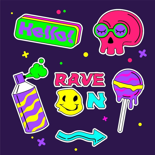 Conjunto de pegatinas rave dibujadas a mano