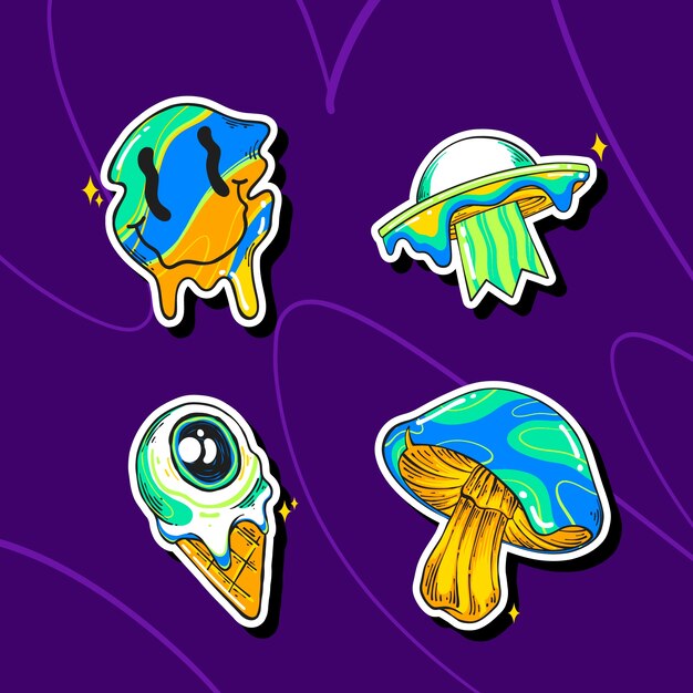 Conjunto de pegatinas rave dibujadas a mano