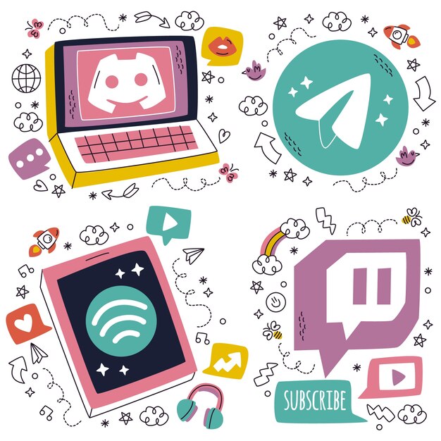 Conjunto de pegatinas de redes sociales dibujadas a mano
