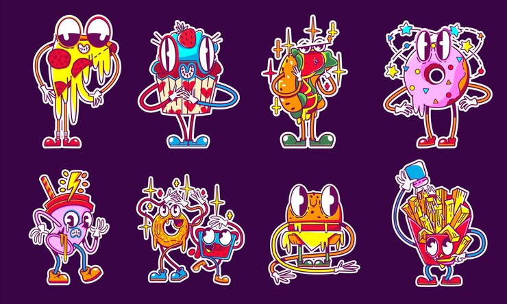 Vector gratuito conjunto de pegatinas retro de comida rápida psicodélica
