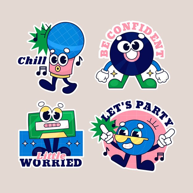 Conjunto de pegatinas retro dibujadas a mano