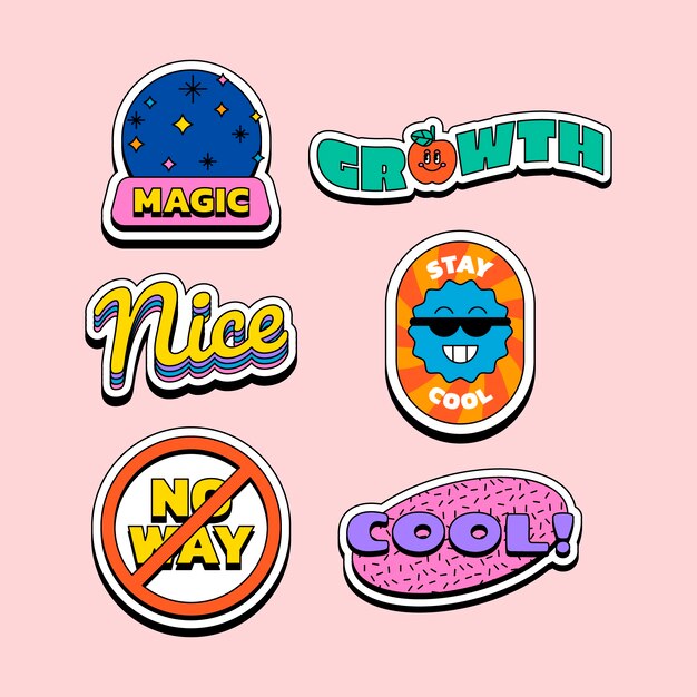 Conjunto de pegatinas retro dibujadas a mano