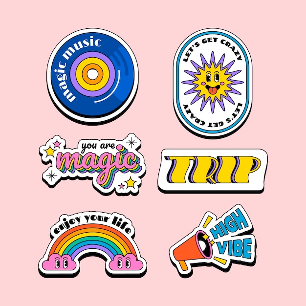 Conjunto de pegatinas retro dibujadas a mano