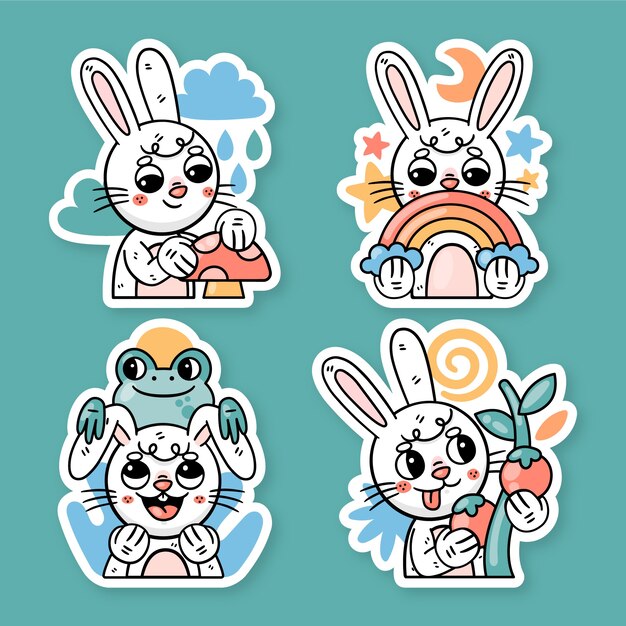 Conjunto de pegatinas de ronnie el conejito en la naturaleza de diseño plano