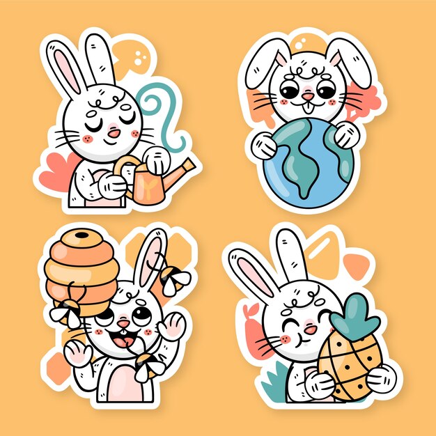 Conjunto de pegatinas de ronnie el conejito en la naturaleza de diseño plano