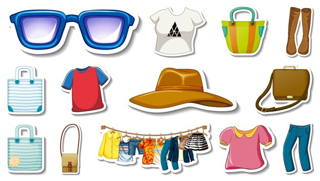 Conjunto de pegatinas de ropa y accesorios.