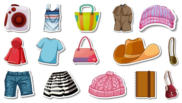 Conjunto de pegatinas de ropa y accesorios.