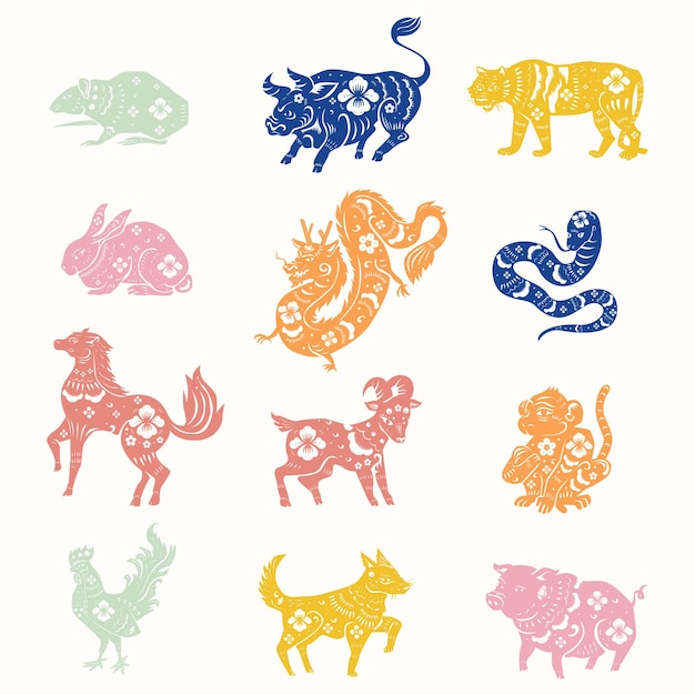 Conjunto de pegatinas de signo del zodiaco animal colorido de animales de año nuevo chino