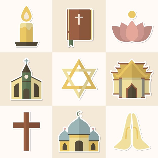 Conjunto de pegatinas de símbolos religiosos mixtos vector