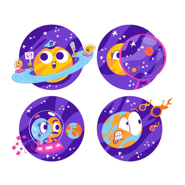 Conjunto de pegatinas de universo de diseño plano