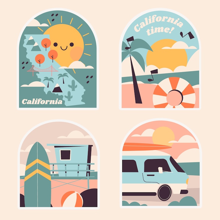Vector gratuito conjunto de pegatinas de vacaciones de verano de california de diseño plano