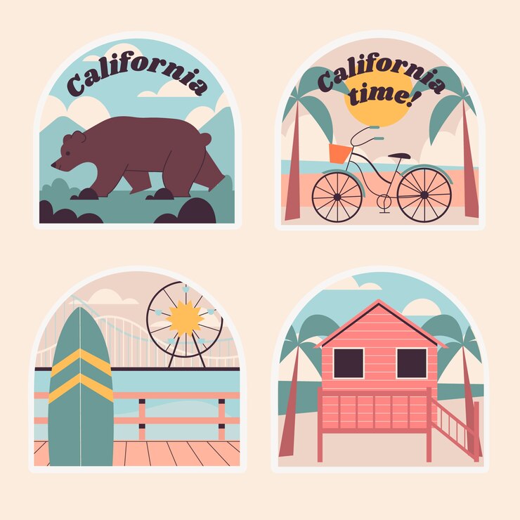 Vector gratuito conjunto de pegatinas de vacaciones de verano de california de diseño plano