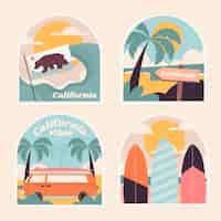 Vector gratuito conjunto de pegatinas de vacaciones de verano de california de diseño plano
