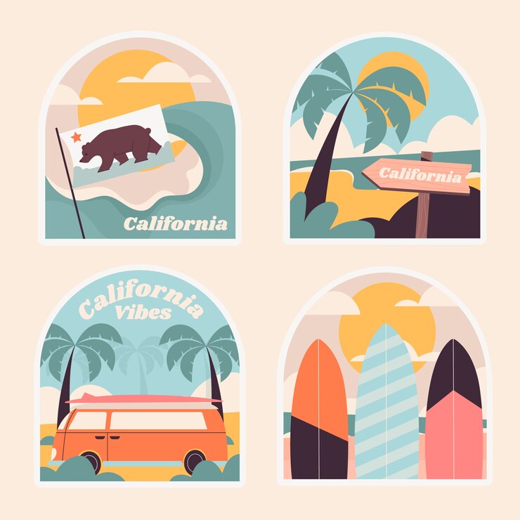 Vector gratuito conjunto de pegatinas de vacaciones de verano de california de diseño plano