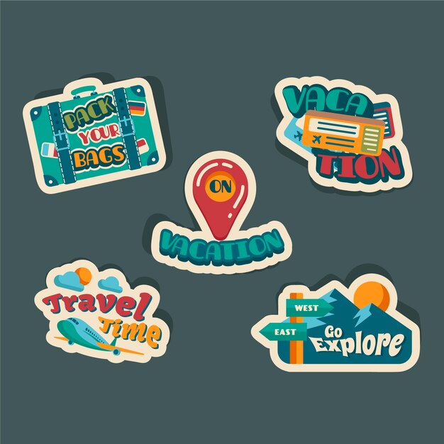 Conjunto de pegatinas de viaje estilo años 70
