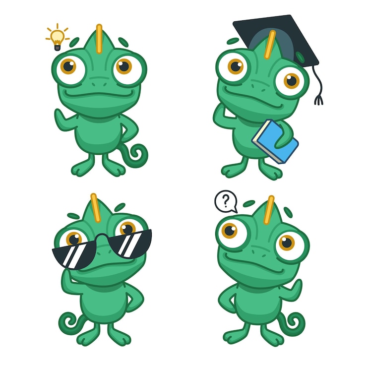 Vector gratuito conjunto de pensamiento camaleónico de dibujos animados, con una idea creativa, con gafas de sol y gorra de graduación