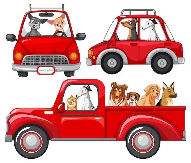 Conjunto de perros conduciendo en coche rojo.