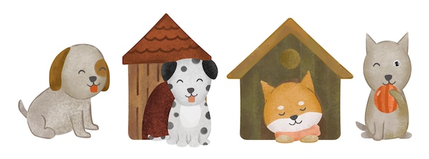 Conjunto de perros lindos con ilustración de vector de caseta de perro