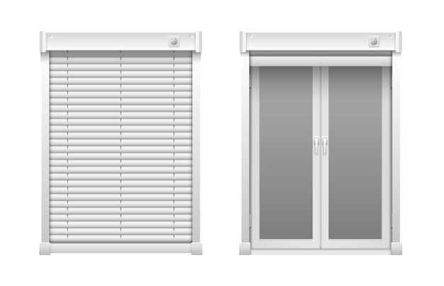 Vector gratuito conjunto de persianas de ventana realistas con dos vistas frontales aisladas de la ventana con persianas dibujadas y no dibujadas ilustración vectorial