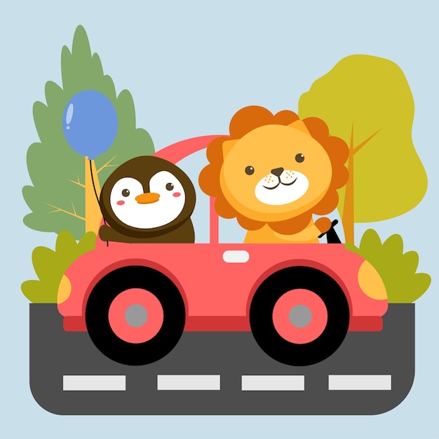 Conjunto de personaje animal con león en pingüino en coche