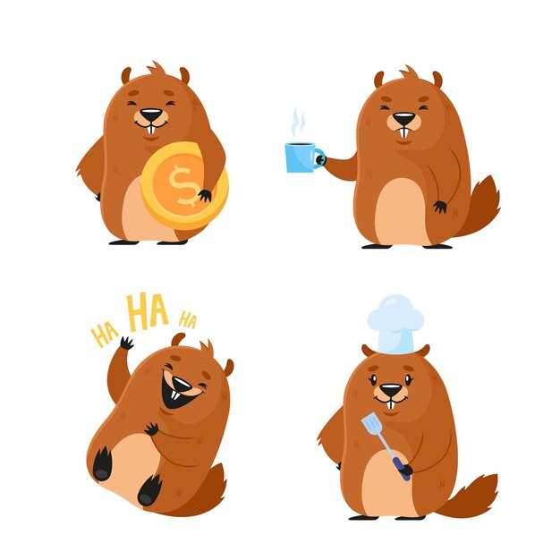 Conjunto de personaje de castor de dibujos animados lindo cocina bebiendo café sosteniendo moneda de oro y riendo