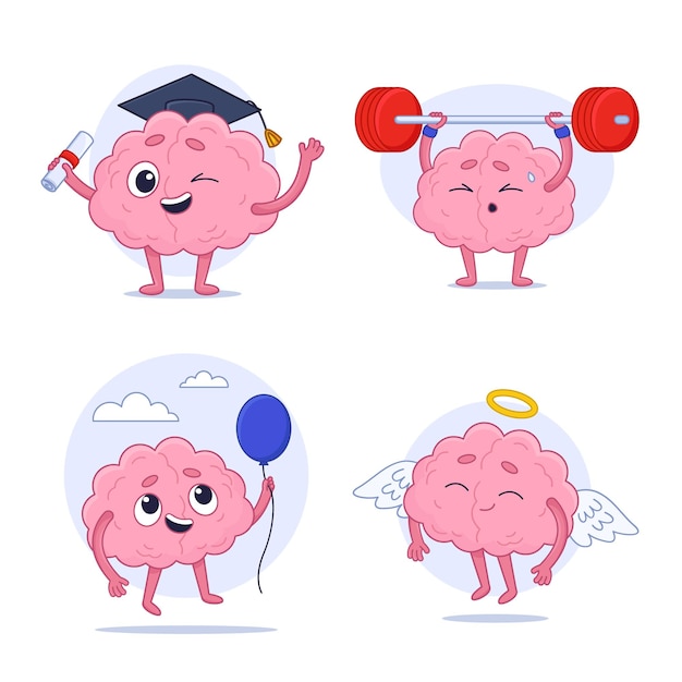 Vector gratuito conjunto de personaje de cerebro humano de dibujos animados lindo levantando mancuernas mirando globo de aire y graduarse