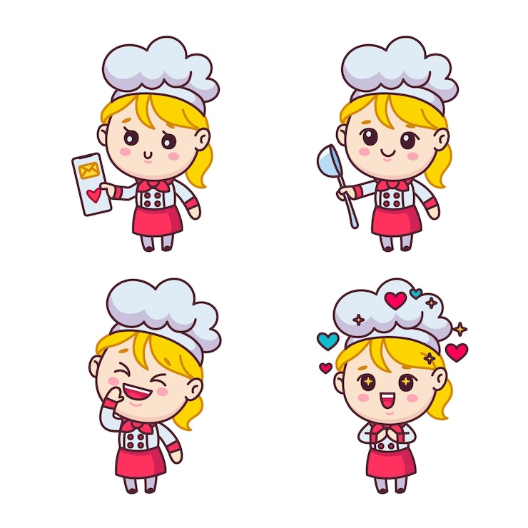 Vector gratuito conjunto de personaje de chef de niña de dibujos animados con sombrero y delantal sosteniendo cucharón y teléfono móvil, riendo