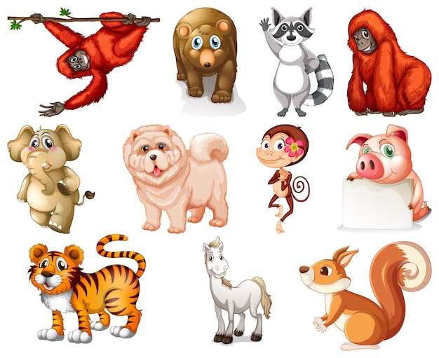 Vector gratuito conjunto de personaje de dibujos animados de animales