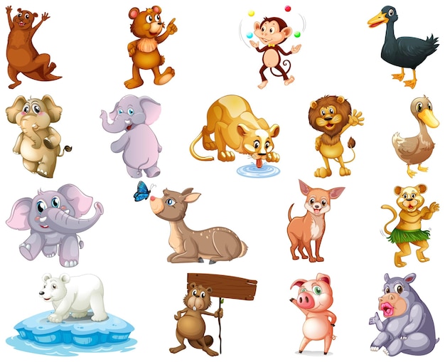 Vector gratuito conjunto de personaje de dibujos animados de animales