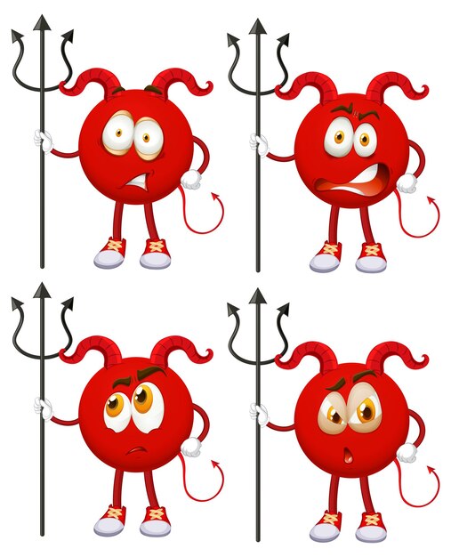 Conjunto de personaje de dibujos animados de diablo rojo con expresión facial sobre fondo blanco