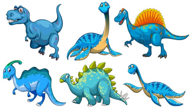 Conjunto de personaje de dibujos animados de dinosaurio azul