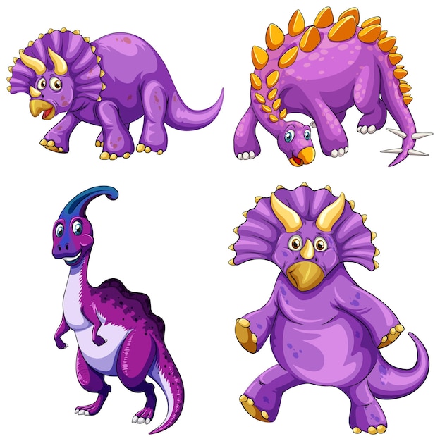 Vector gratuito conjunto de personaje de dibujos animados de dinosaurio púrpura