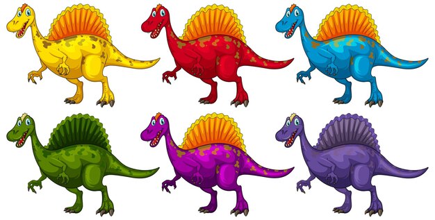 Vector gratuito conjunto de personaje de dibujos animados de dinosaurio spinosaurus