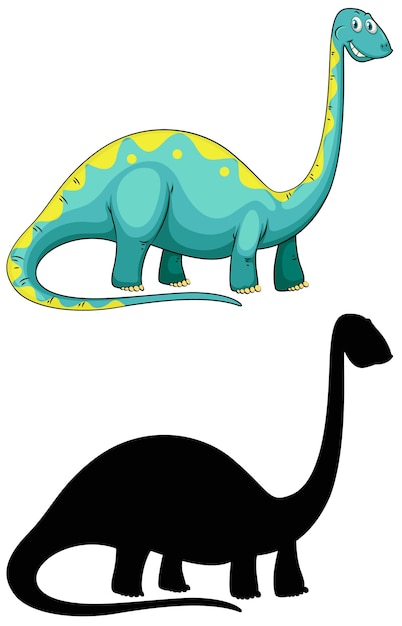 Conjunto de personaje de dibujos animados de dinosaurios y su silueta sobre fondo blanco.