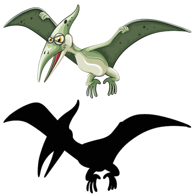 Conjunto de personaje de dibujos animados de dinosaurios y su silueta