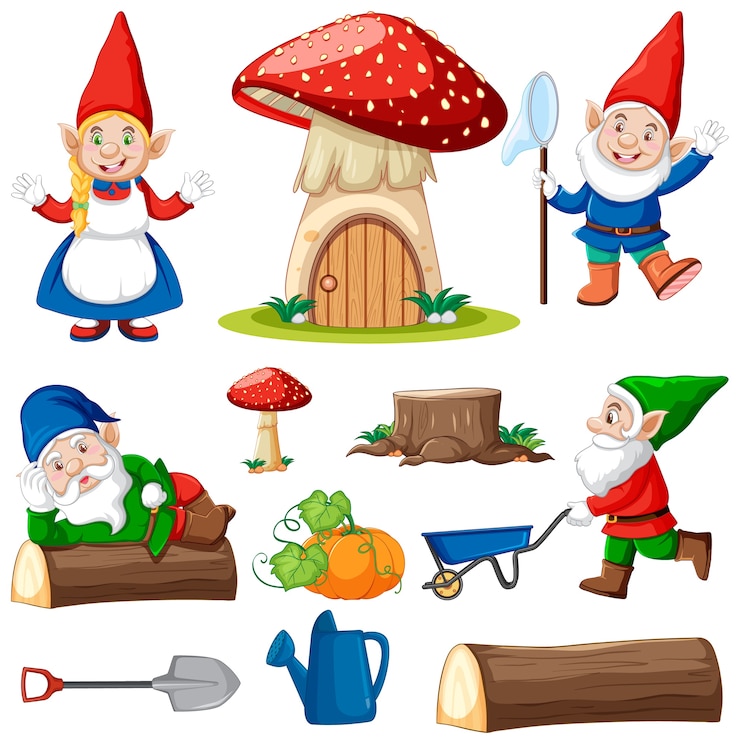 Vector gratuito conjunto de personaje de dibujos animados de icono de gnom y jardín sobre fondo blanco