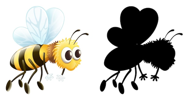 Conjunto de personaje de dibujos animados de insectos y su silueta sobre fondo blanco.