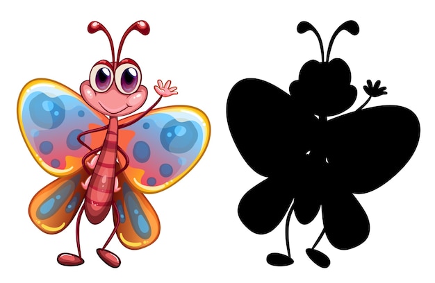Vector gratuito conjunto de personaje de dibujos animados de insectos y su silueta sobre fondo blanco.